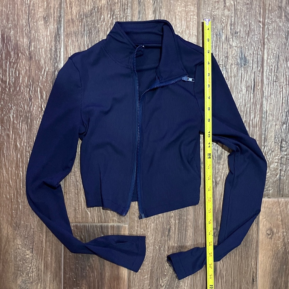 Navy Blue Cropped Zip-Front Blazer Jacket